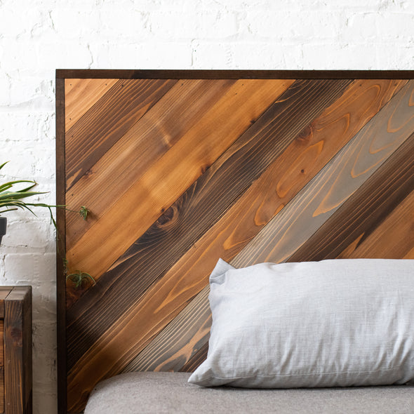 Natural solid wood headboard. Modern, rustic design. Handcrafted in the USA. Chevron design headboard or bed board.