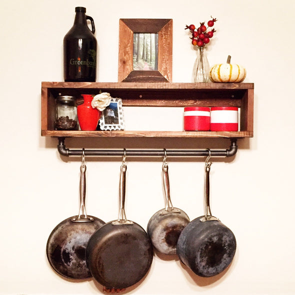 Rustic Shelf with Industrial Hanger - Pot Rack - Coat Hanger - Spice Rack - Handmade in USA