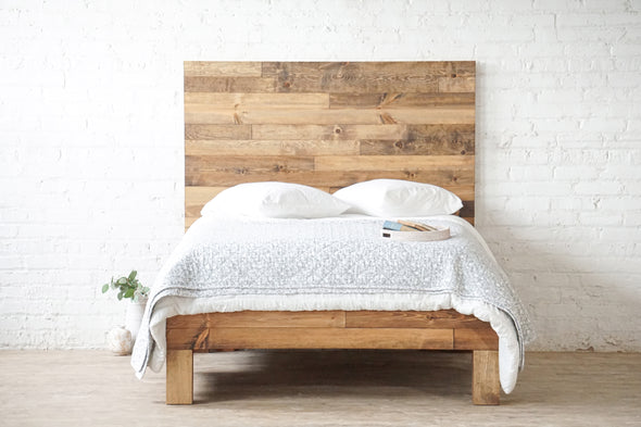 Platform bed frame and headboard set. Made of natural solid wood. Handcrafted in the USA. Heirloom quality furniture. Sustainably sourced materials. Farmhouse. Cottage. Barn wood style.